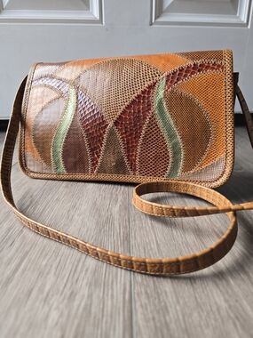 Furst & Mooney Vintage Leather Snakeskin Pattern Patchwork Crossbody Bag Brown